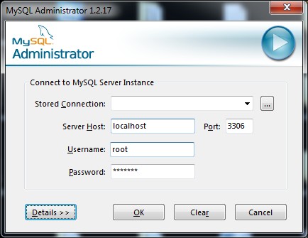 Program MySQL Administrator - logowanie - zrzut 1
