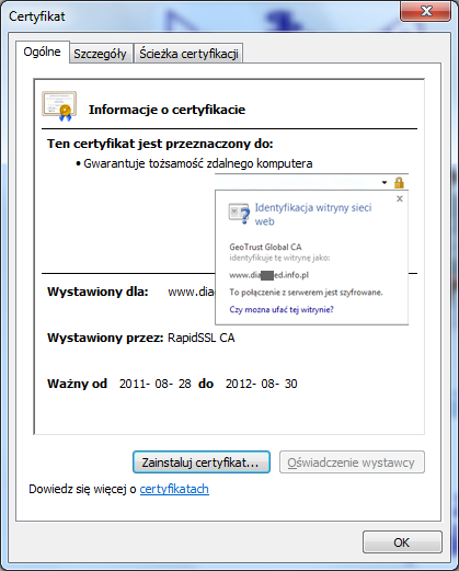 Przeglądarka Internet Explorer 8 - informacje o certyfikacie po kliknięciu w kłódkę.